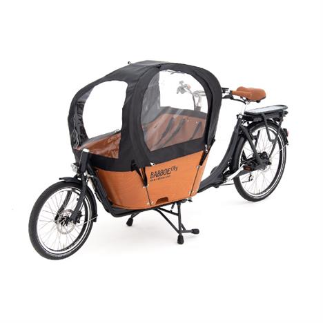 Babboe E-City el ladcykel - kalechen har åbninger i begge sider og holder børnene tørre